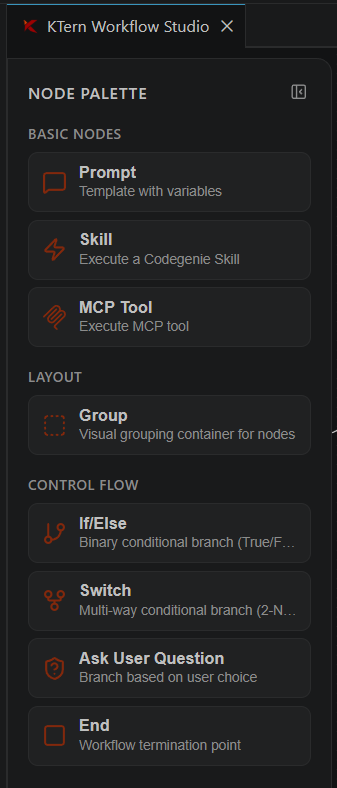 KTern Workflow Studio node palette showing basic nodes, layout, and control flow categories