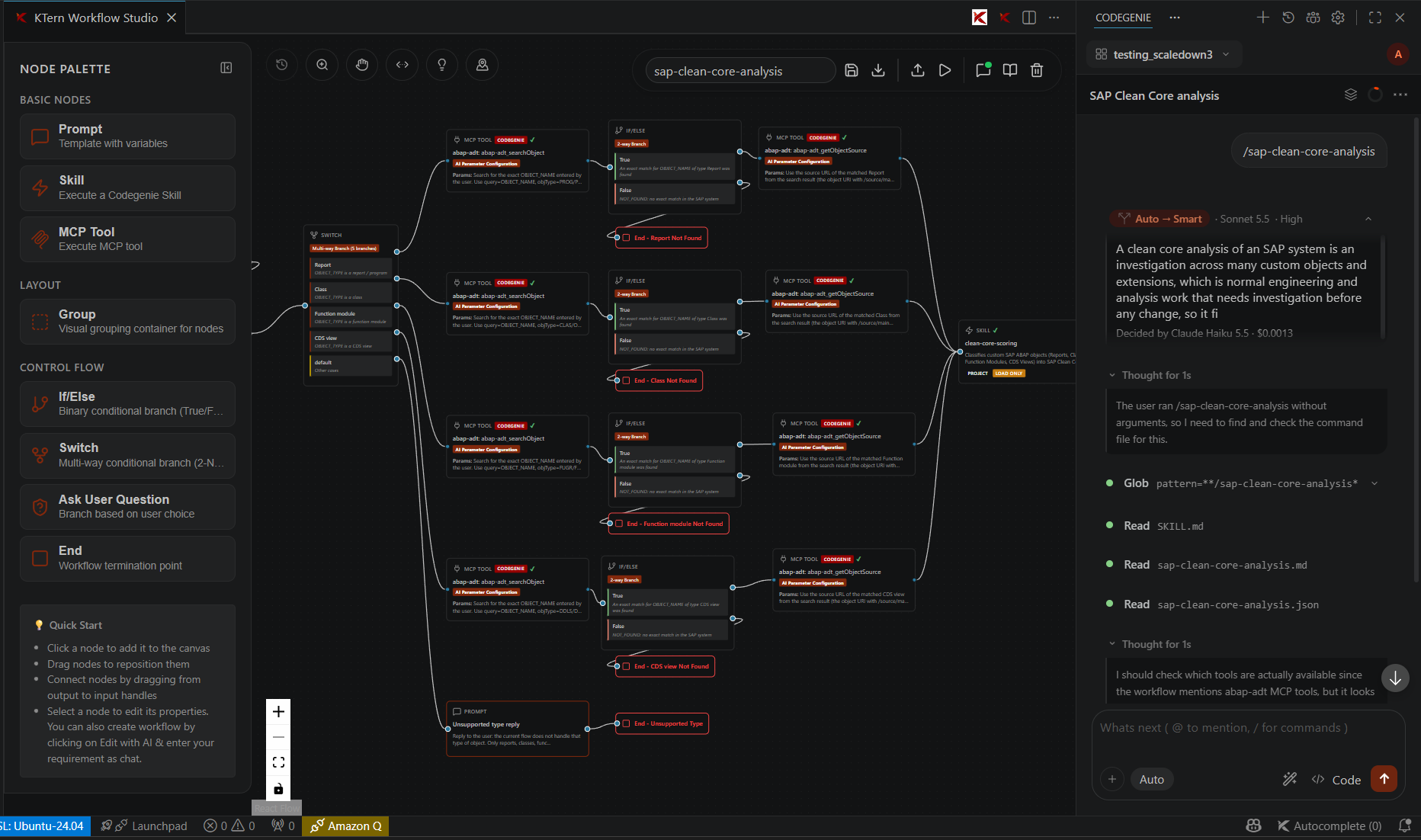 KTern Workflow Studio editor showing a visual workflow on the canvas alongside the AI assistant panel
